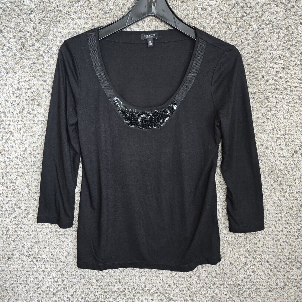 Talbots Top Womens XS Black Sequined Scoop Neck 3/4 Sleeve Tee Rayon Lyocell